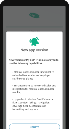 CDPHP app-update notice.