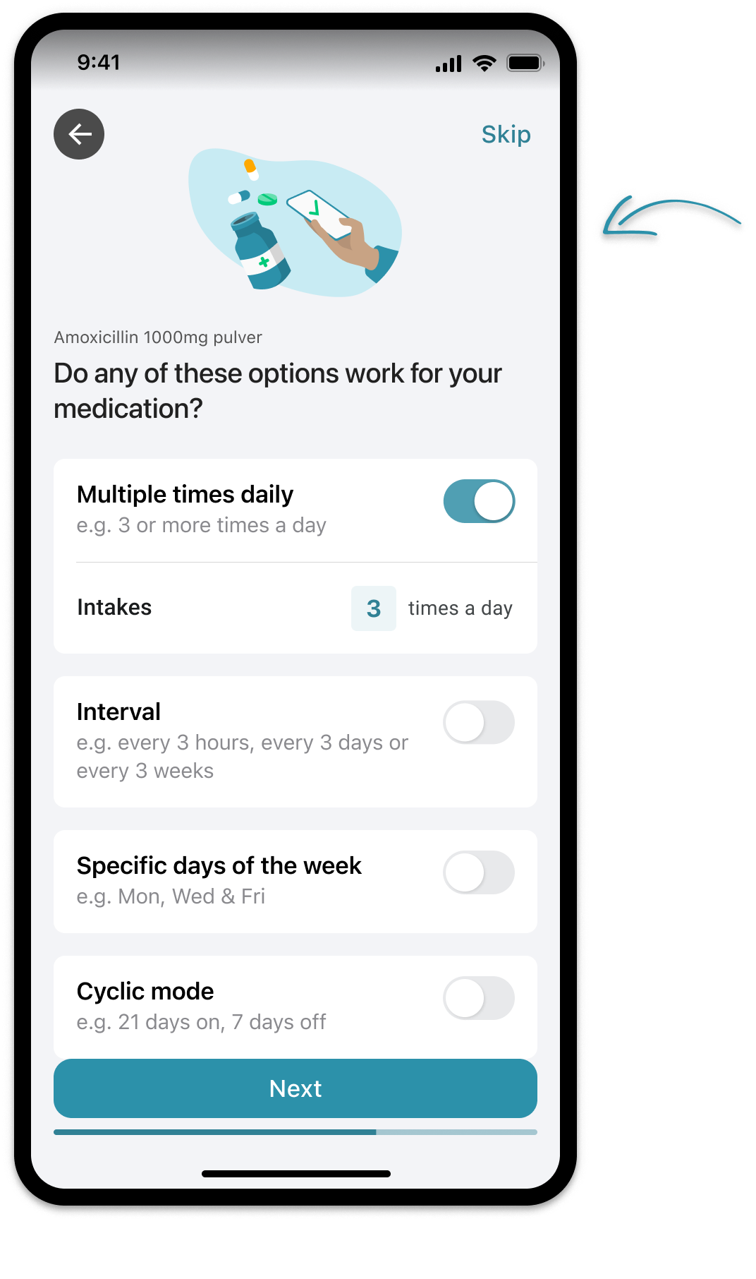 MyTherapy advanced scheduling options.