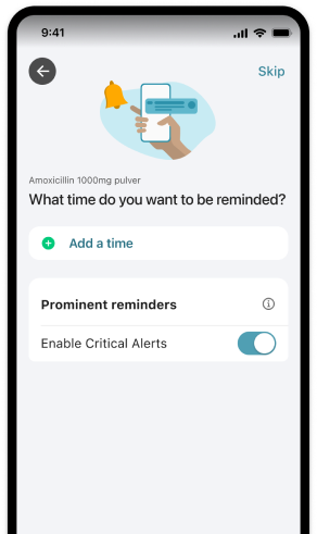 MyTherapy reminder setup with Add a time and prominent reminder settings.